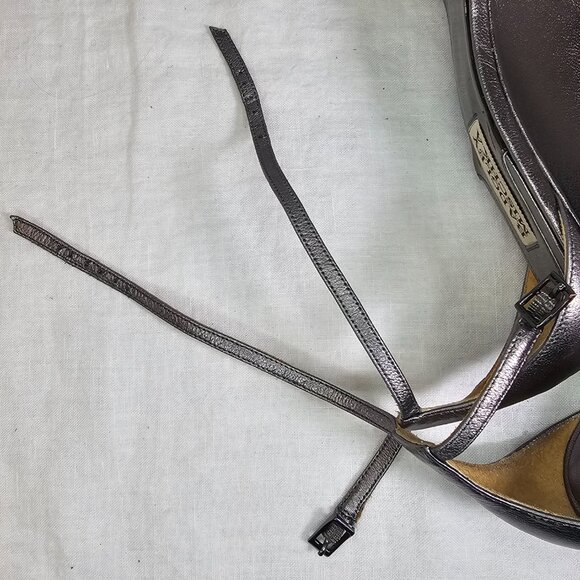 Badgley Mischka Leather Open Toe Wedges Heels Pewter Metallic w Rhinestones 7 - Picture 10 of 10